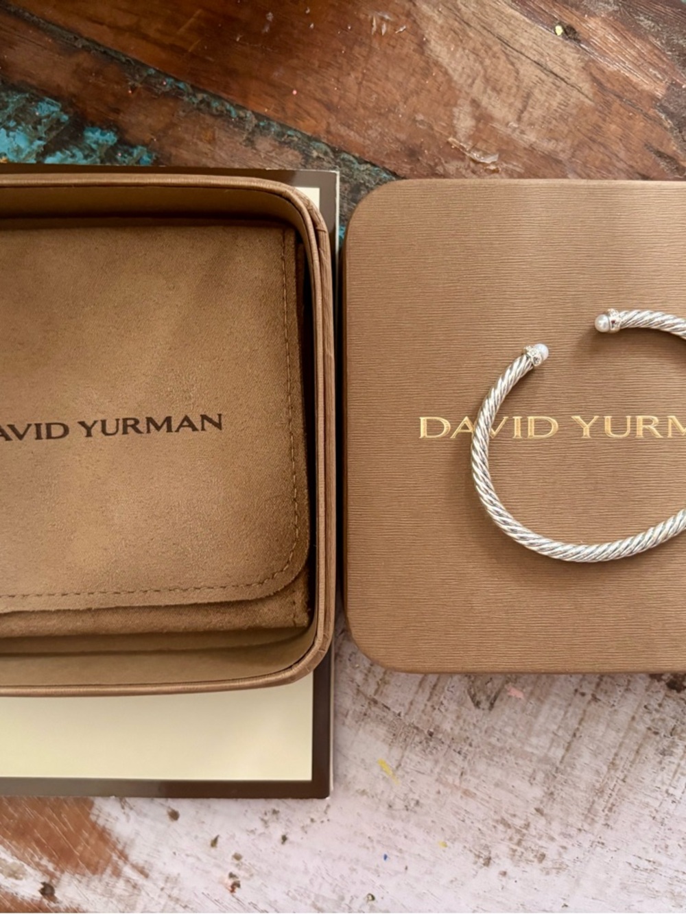 David Yurman Silver Cable Cuff with Pearl End Caps & Diamonds - Picture 2 of 11